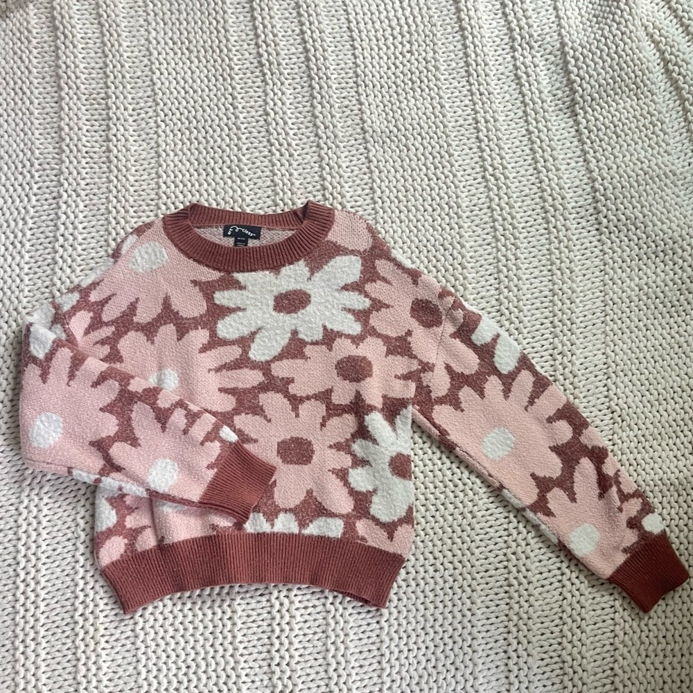 Art Class Daisy Pattern Crew Neck Girl's Sweater In Rose And Brown Medium 7/8
